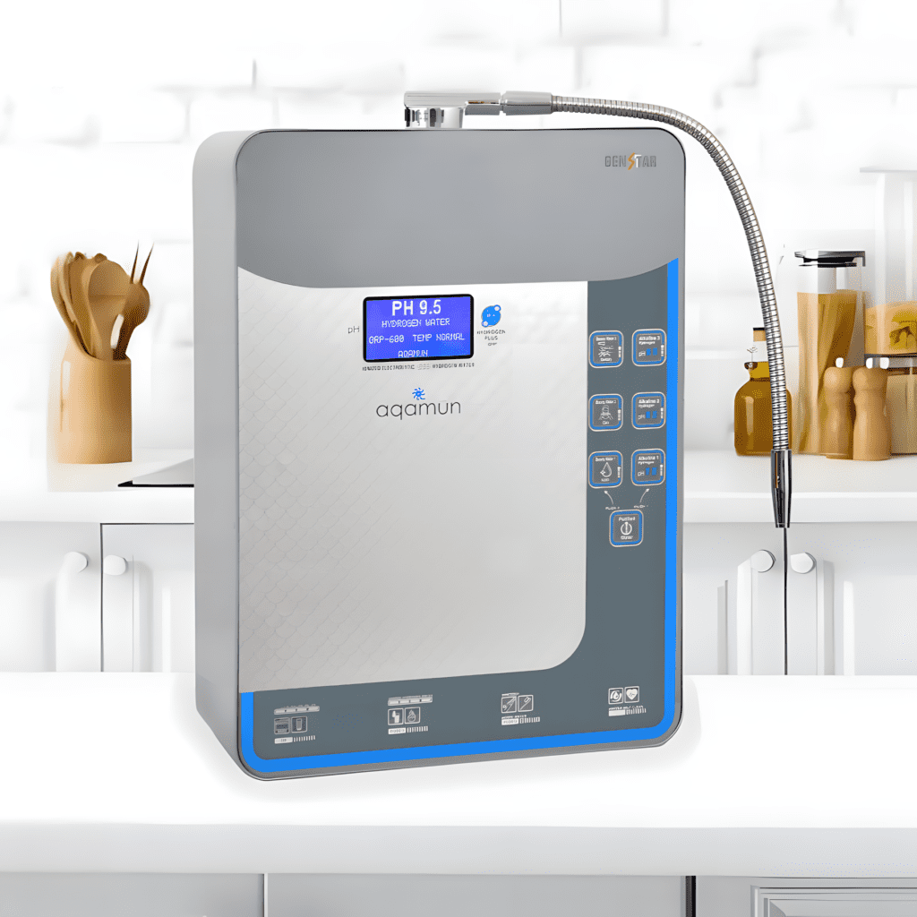 Aqamun V.1.0, a reliable and efficient alkaline water purifier offering advanced ionization technology for improved water quality and better health.